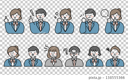 一套穿著西裝制服的男女學生的姿勢和表情。 一套穿著西裝制服的男女學生的姿勢和表情。 138555366