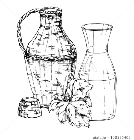 Tuscany style carafe wine jug in rattan wicker, empty glass decanter, grape leaf in botanical detail. Vector illustration hand drawn in ink. Sommelier training guides, viticulture education materials 138555403