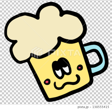 Hand drawn illustrations of beer glass with drunken face cartoon for party, supermarket, mart, food, snack, drinks, dinner, picnic, park, outdoors, restaurant, menu, recipe, cuisine, celebration 138555415
