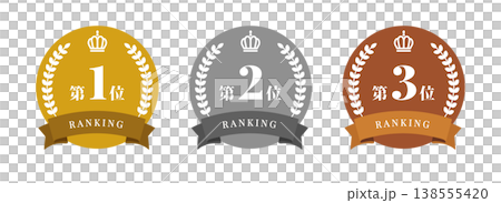 金、銀、銅等級徽章套裝（第1-3名）| 月桂花環與皇冠向量素材 138555420
