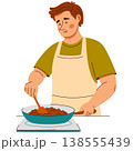 A man in an apron stir fries food on the stove. A cozy home cooking scene featuring healthy food 138555439