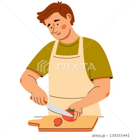 A smiling man in apron slices a tomato on a board. A cozy home cooking scene featuring healthy food A smiling man in apron slices a tomato on a board. A cozy home cooking scene featuring healthy food 138555441