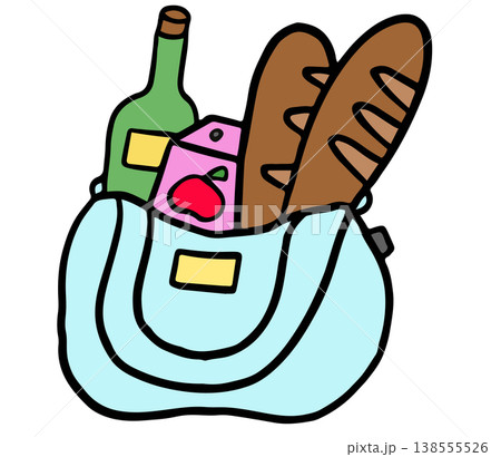 Hand drawn illustrations of shopping tote bag with champagne bottle, bread loafs, apple juice box for grocery shopping, supermarket, market, mart, picnic, spring, summer, park, sticker, no plastic bag Hand drawn illustrations of shopping tote bag with champagne bottle, bread loafs, apple juice box for grocery shopping, supermarket, market, mart, picnic, spring, summer, park, sticker, no plastic bag 138555526