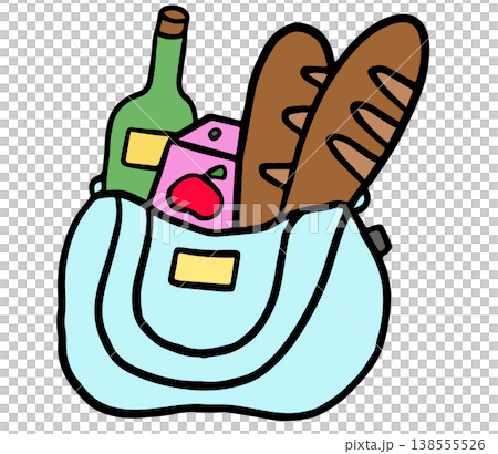 Hand drawn illustrations of shopping tote bag with champagne bottle, bread loafs, apple juice box for grocery shopping, supermarket, market, mart, picnic, spring, summer, park, sticker, no plastic bag Hand drawn illustrations of shopping tote bag with champagne bottle, bread loafs, apple juice box for grocery shopping, supermarket, market, mart, picnic, spring, summer, park, sticker, no plastic bag 138555526