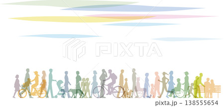 横から見た歩く人々。老若男女、車いすの人、自転車などのイラスト 138555654