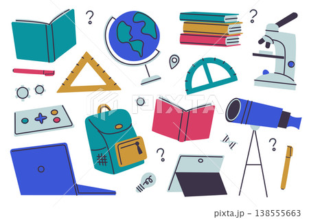 School clipart set with bright flat cartoon kids education items. Books, telescope, globe, microscope, backpack vector illustrations. Learning and hobby for children, back to school School clipart set with bright flat cartoon kids education items. Books, telescope, globe, microscope, backpack vector illustrations. Learning and hobby for children, back to school 138555663