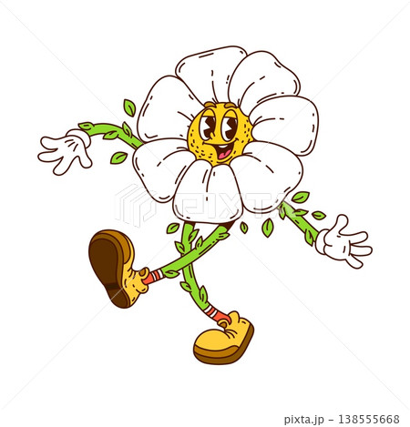 Hippie groovy daisy chamomile flower character cheerfully strolling in retro sneakers. Cartoon vector funny charming camomile blossom personage exudes joy, positivity, and playful summer y2k vibes 138555668