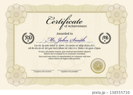 Paper certificate award with beige guilloche frame for diploma or gift template, vector background. Diploma award and achievement certificate with vintage watermark guilloche frame with laurel seals Paper certificate award with beige guilloche frame for diploma or gift template, vector background. Diploma award and achievement certificate with vintage watermark guilloche frame with laurel seals 138555710