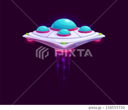 Cartoon unidentified flying objects game icon, UFO flying saucer with glowing blue dome windows. Extraterrestrial spaceship with purple fiery bursts from thrusters. Cartoon vector UFO for space game 138555730