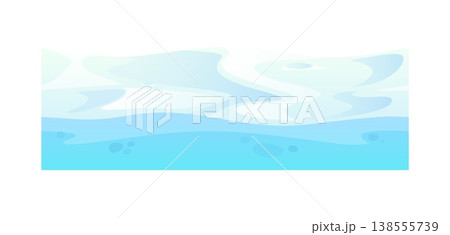 Game water surface soil layer. Vector blue water surface with gentle ripples and bubbles. Smooth calm waves in soft blue and white shades. Cartoon landscape and interface for games 138555739