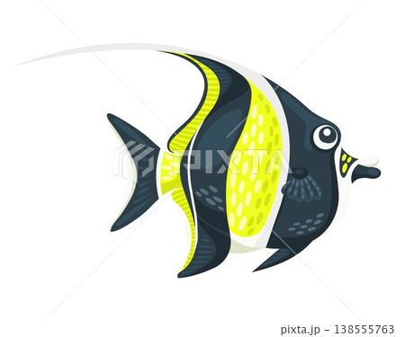 Moorish idol fish sea underwater marine animal cartoon character. Sea aquatic moorish idol fish cheerful mascot, marine creature isolated vector cute character. Ocean water wildlife funny personage Moorish idol fish sea underwater marine animal cartoon character. Sea aquatic moorish idol fish cheerful mascot, marine creature isolated vector cute character. Ocean water wildlife funny personage 138555763