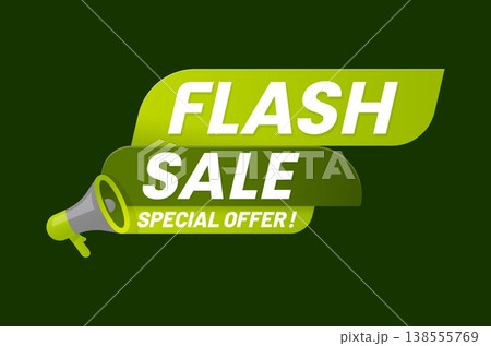 Vegan food green sale offer tag or discount label for special promo, vector icon. Flash sale tag with megaphone for vegetarian food or vegan shop and grocery store best price discount and sale sticker 138555769