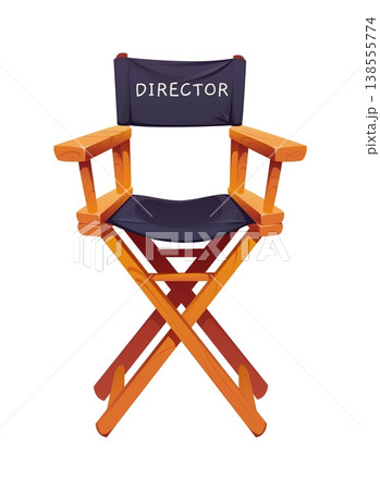 Cartoon director chair with wooden frame and black canvas seat and backrest. Isolated vector movie cinema object, equipment for film production. Theatrical prop, furniture item for filmmaking crew Cartoon director chair with wooden frame and black canvas seat and backrest. Isolated vector movie cinema object, equipment for film production. Theatrical prop, furniture item for filmmaking crew 138555774