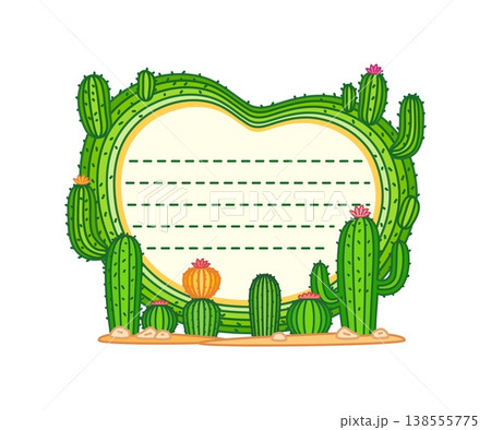 Succulent and cacti plant kid memo note frame. Cactus border with flowering blooms surrounding cream notepad panel with dotted writing lines. Vector kid memo note frame children stationery Succulent and cacti plant kid memo note frame. Cactus border with flowering blooms surrounding cream notepad panel with dotted writing lines. Vector kid memo note frame children stationery 138555775