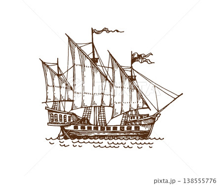 Vintage pirate sail ship and sailboat. European wooden galleon with full, billowing sails and flags flying in the wind. Vintage warship sketch for nautical designs, and pirate map decoration 138555776