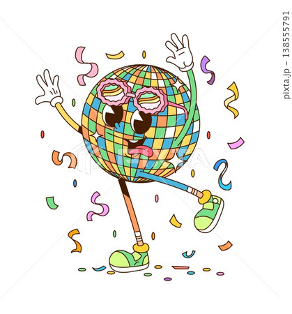 Retro cartoon groovy disco ball vector character at retro dance party striking expressive poses under falling confetti. Mirror ball personage with hippie vintage sunglasses, radiating funky y2k energy 138555791