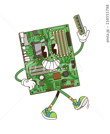 Cartoon groovy computer part character with funny face, vector personage. Groovy computer motherboard with chipset and ROM memory card cartoon funky digital device character in hipster shoes Cartoon groovy computer part character with funny face, vector personage. Groovy computer motherboard with chipset and ROM memory card cartoon funky digital device character in hipster shoes 138555798
