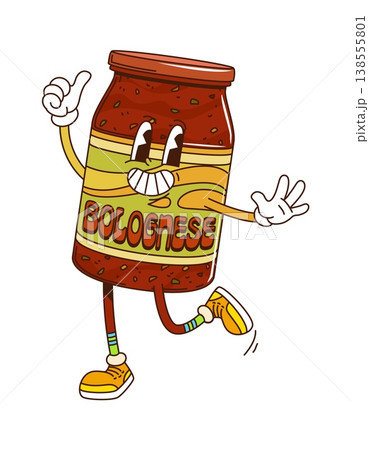 Cartoon groovy Bolognese sauce funky character with happy face, vector comic emoji. Groovy Bolognese sauce glass jar character with funky smile and thumb up gesture as freaky retro cartoon character 138555801