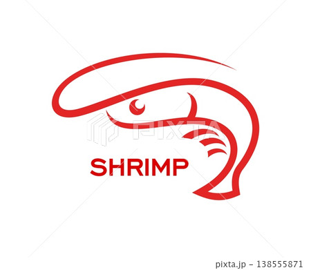 Shrimp and prawn seafood icon for gourmet cuisine, restaurant and sushi bar, vector sign. Shrimp or prawn red outline silhouette badge for seafood kitchen, fish market and fresh seafood products label 138555871