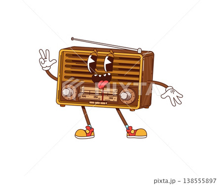 Cartoon retro groovy radio character with antenna and playful smile. Vector hippie device wearing colorful sneakers and sticking out its tongue. Funky radio mascot for hippie themed party 138555897