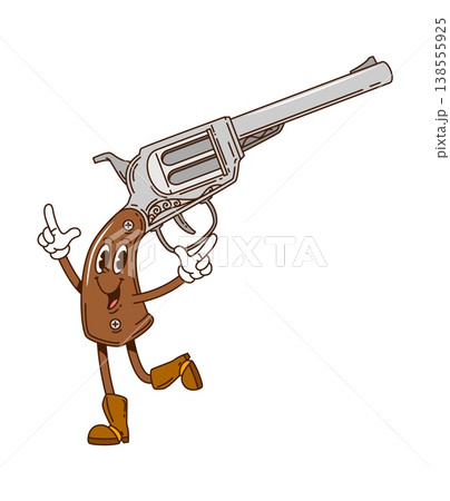 Cartoon retro groovy wild west revolver gun character. Isolated vector western cowboy six shot pistol y2k personage with sharp eyes and mischievous smile, ready for duel. Vintage handgun Texas weapon 138555925