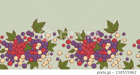 Fresh Mixed Currant Seamless Border. Red, Black and White Berries and Leaves. Eco Harvest Top View on Green Background. Horizontal Botanical Tape. Website Footer and Header. Vector Illustration. Fresh Mixed Currant Seamless Border. Red, Black and White Berries and Leaves. Eco Harvest Top View on Green Background. Horizontal Botanical Tape. Website Footer and Header. Vector Illustration. 138555962