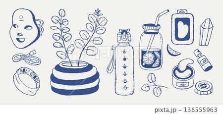 Wellness and Biohacking Gadgets Set. LED Face Mask, Smart Ring, Reusable Eye Patches, Eucalyptus Branches in Vase and Detox Water Bottle. Modern Self Care Rituals. Isolated Outline Vector Hand Drawn Wellness and Biohacking Gadgets Set. LED Face Mask, Smart Ring, Reusable Eye Patches, Eucalyptus Branches in Vase and Detox Water Bottle. Modern Self Care Rituals. Isolated Outline Vector Hand Drawn 138555963