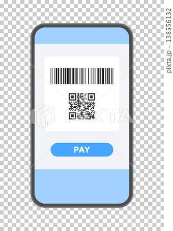 Illustration of a smartphone with a barcode, QR code, and the word "PAY" displayed on the screen - Cashless payment material Illustration of a smartphone with a barcode, QR code, and the word "PAY" displayed on the screen - Cashless payment material 138556132