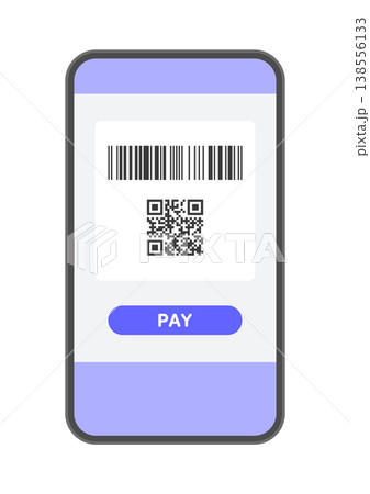 バーコードとQRコードとPAYの文字が画面に表示されたスマホのイラスト - キャッシュレス決済の素材 138556133