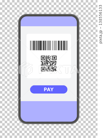 バーコードとQRコードとPAYの文字が画面に表示されたスマホのイラスト - キャッシュレス決済の素材 138556133