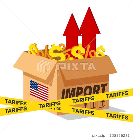Tariffs and trade war concept vector illustration with craft logistic boxes, sings of dollar and percentages crossed by other yellow barrier tape. 138556281