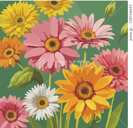 緑背景に黄色とピンクの花のフローラルイラスト 138556643