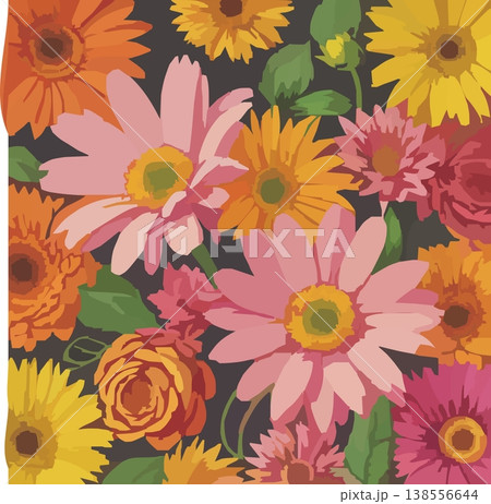 暖色系のオレンジとピンクのミックスフラワーイラスト 138556644