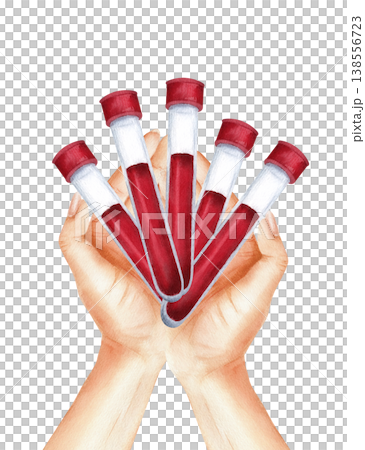 Lab technician's hands of professional holding test tubes with blood, biomaterial. Moment of laboratory testing. Watercolor isolated illustration as precision, responsibility, diagnostics importance Lab technician's hands of professional holding test tubes with blood, biomaterial. Moment of laboratory testing. Watercolor isolated illustration as precision, responsibility, diagnostics importance 138556723
