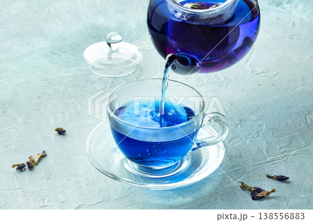 Blue tea, an infusion of butterfly pea flowers, herbal concoction Blue tea, an infusion of butterfly pea flowers, herbal concoction 138556883