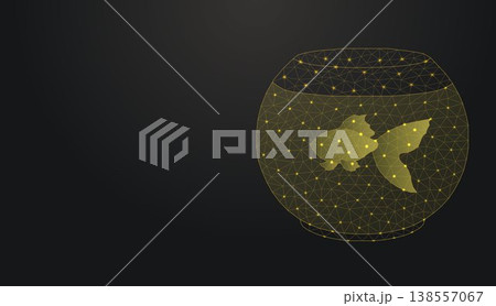Low poly wireframe goldfish in a fishbowl icon on dark background. Low poly wireframe goldfish in a fishbowl icon on dark background. 138557067