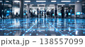 Photo of a modern office lobby with a digital network overlay on the floor, depicting connectivity and technology in a business environment. 138557099