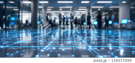 Photo of a modern office lobby with a digital network overlay on the floor, depicting connectivity and technology in a business environment. Photo of a modern office lobby with a digital network overlay on the floor, depicting connectivity and technology in a business environment. 138557099