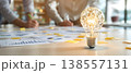 Photo of light bulb with network inside on a table with charts and people brainstorming, concept of innovation and teamwork 138557131