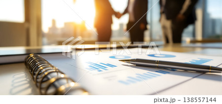 Photo of business meeting with financial charts and handshake in the background, city view, sunlight. Photo of business meeting with financial charts and handshake in the background, city view, sunlight. 138557144