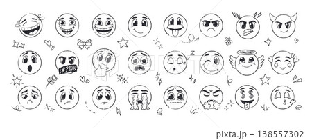 Crayon scribble emoticon set with various expressions. Outline hand drawn characters showing happiness, sadness, anger, laughter. Sketch chalk-style icons with grunge texture. Black and white vector Crayon scribble emoticon set with various expressions. Outline hand drawn characters showing happiness, sadness, anger, laughter. Sketch chalk-style icons with grunge texture. Black and white vector 138557302