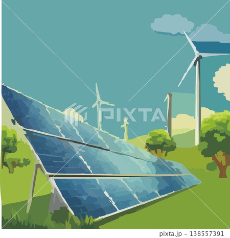 大規模ソーラーパネルアレイと風力発電のエネルギーイラスト 大規模ソーラーパネルアレイと風力発電のエネルギーイラスト 138557391