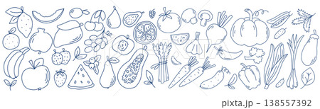 Berries, fruits and vegetables in doodle sketch style 138557392