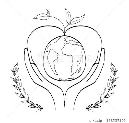 Hands holding Earth globe in heart shape with leaves, minimalist line art, ecology and planet protection concept 138557393