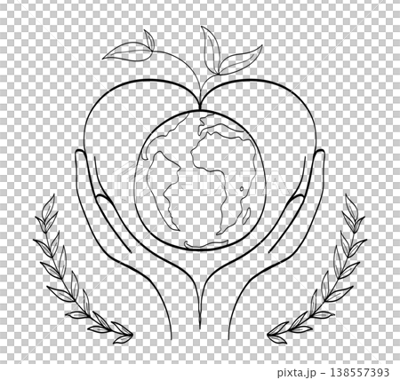 Hands holding Earth globe in heart shape with leaves, minimalist line art, ecology and planet protection concept 138557393