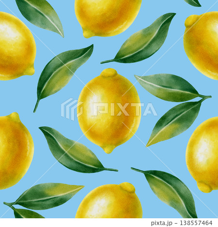 Seamless watercolor pattern featuring whole yellow lemons and green leaves. Hand-drawn summer botanical illustration is perfect for fabric, wallpaper, packaging, and kitchen decor 138557464