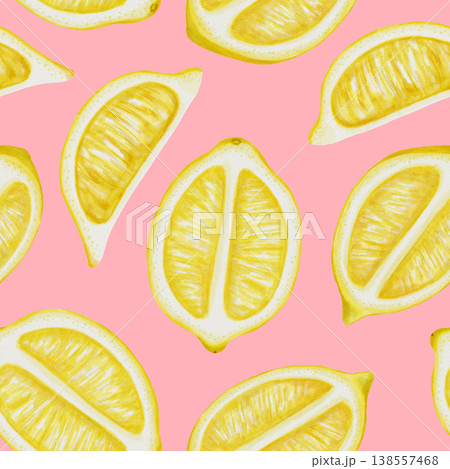 Hand drawn watercolor seamless pattern showing juicy lemon halves. Summer botanical illustration is perfect for fabric, wallpaper, packaging, and kitchen decor, cafe menu Hand drawn watercolor seamless pattern showing juicy lemon halves. Summer botanical illustration is perfect for fabric, wallpaper, packaging, and kitchen decor, cafe menu 138557468