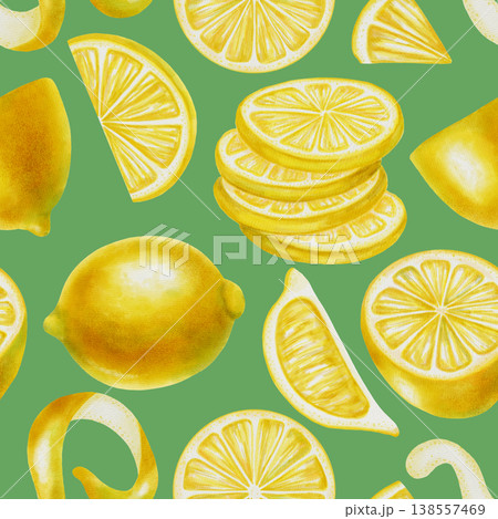 Rich seamless watercolor pattern with whole lemons, slices, and zest spirals. Summer botanical illustration is perfect for fabric, wallpaper, packaging, kitchen decor, menu, vibrant summer backgrounds 138557469