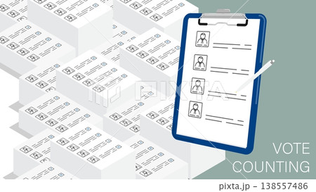 Isometric counting the votes of voters from ballots folded in a pile. Cartoon 3D vector concept isolated on green background 138557486