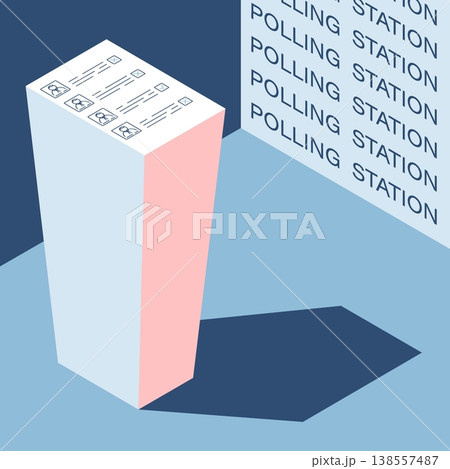 Isometric stack of ballot papers casting a shadow in the form of a directional arrow towards the polling station. Cartoon 3D vector on blue background Isometric stack of ballot papers casting a shadow in the form of a directional arrow towards the polling station. Cartoon 3D vector on blue background 138557487